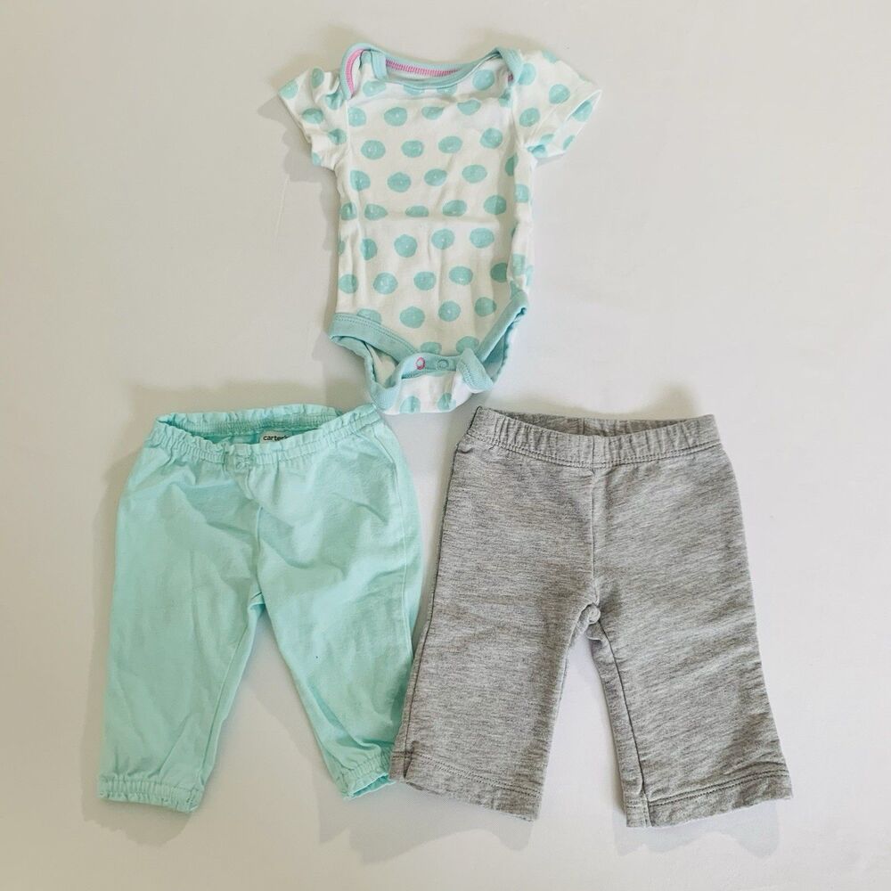 Carters Outfit Top Pants Set Baby Girl 3 Months White Blue Short Sleeve Stretch